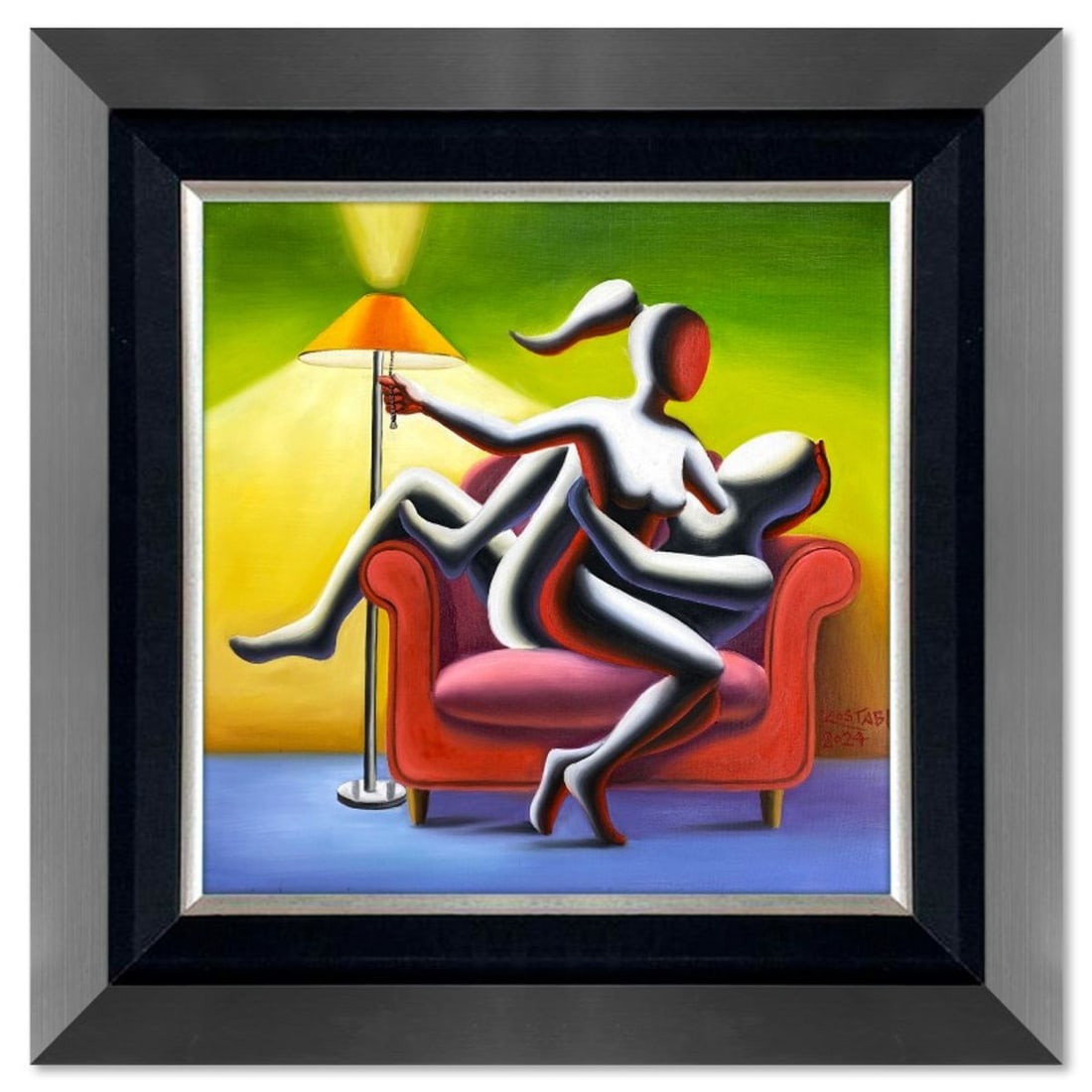 Mark Kostabi, "Softly Surrendering" Framed Original Oil Painting on Canvas, Hand Signed with COA: Softly Surrendering is an original oil painting on canvas by Mark Kostabi, hand signed by the artist. This piece comes custom framed. Includes Certificate of Authenticity. Measures approx. 30" x 29.5"