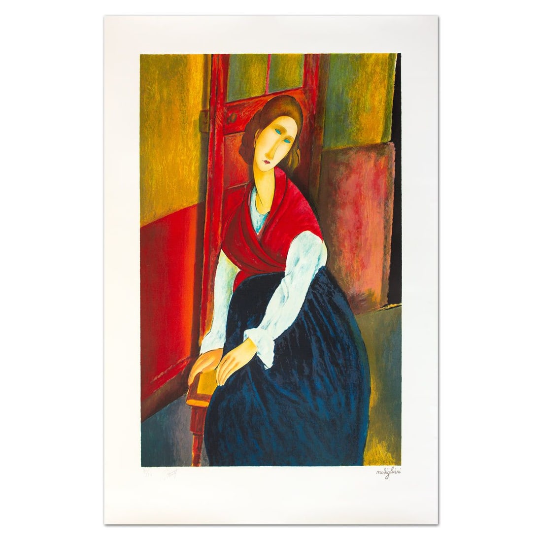 Amedeo Modigliani- Lithograph "Jeanne Hebuterne": Artist: Amedeo Modigliani. Medium: Lithograph. Title: Jeanne Hebuterne. Size: 46.5" x 30.5". Signature: Stamp signed and numbered. Certificate of Authenticity: Is included. Additional: Printed by Atel