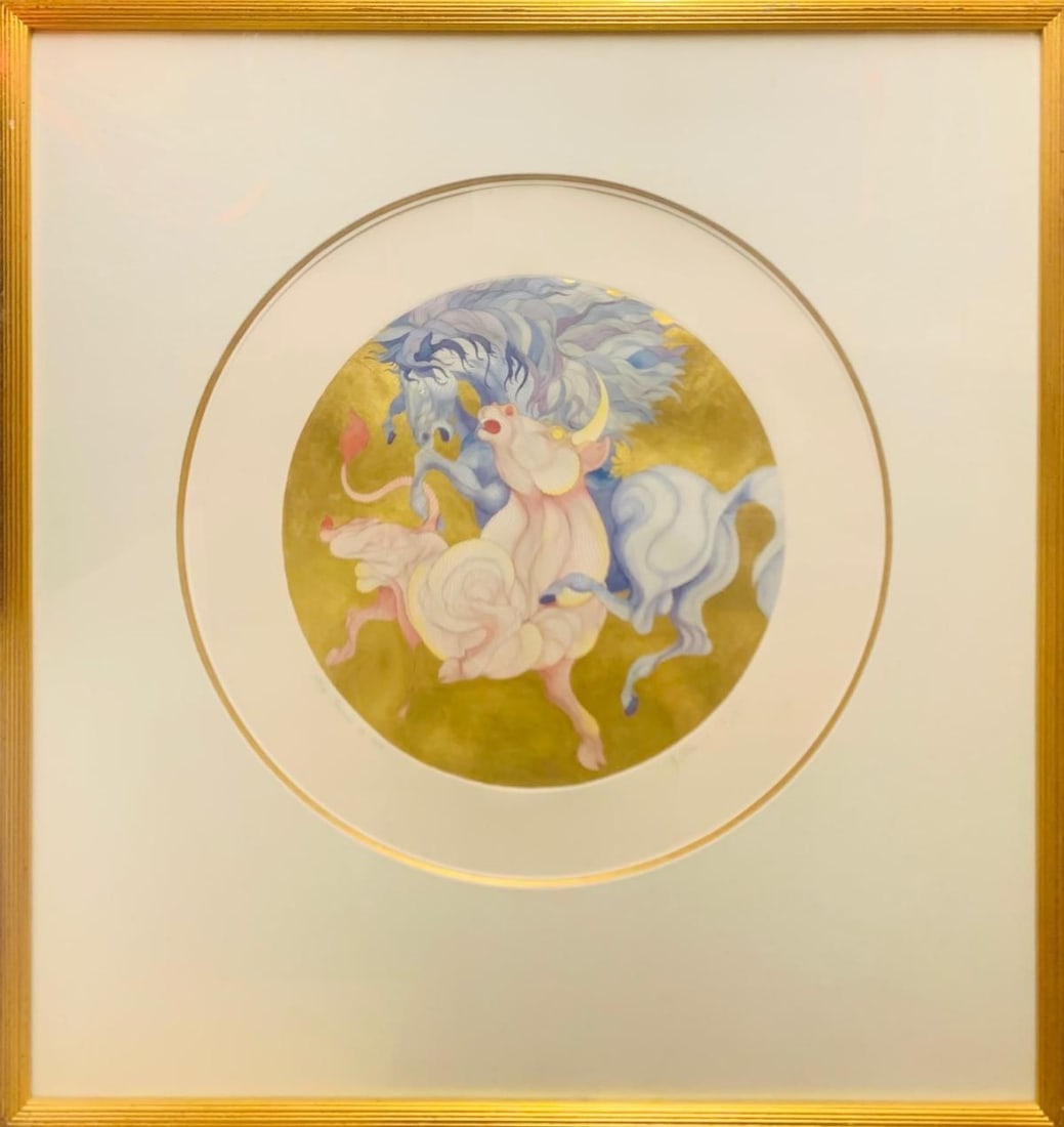 Guillaume Azulay- Hand colored with hand laid gold leaf serigraph: Artist: Guillaume Azulay. Medium: Hand colored with hand laid gold leaf serigraph. Measures approx. 38" x 38" (framed). Signature: Signed and Numbered. Additional: From the zodiacs series. Reference#:
