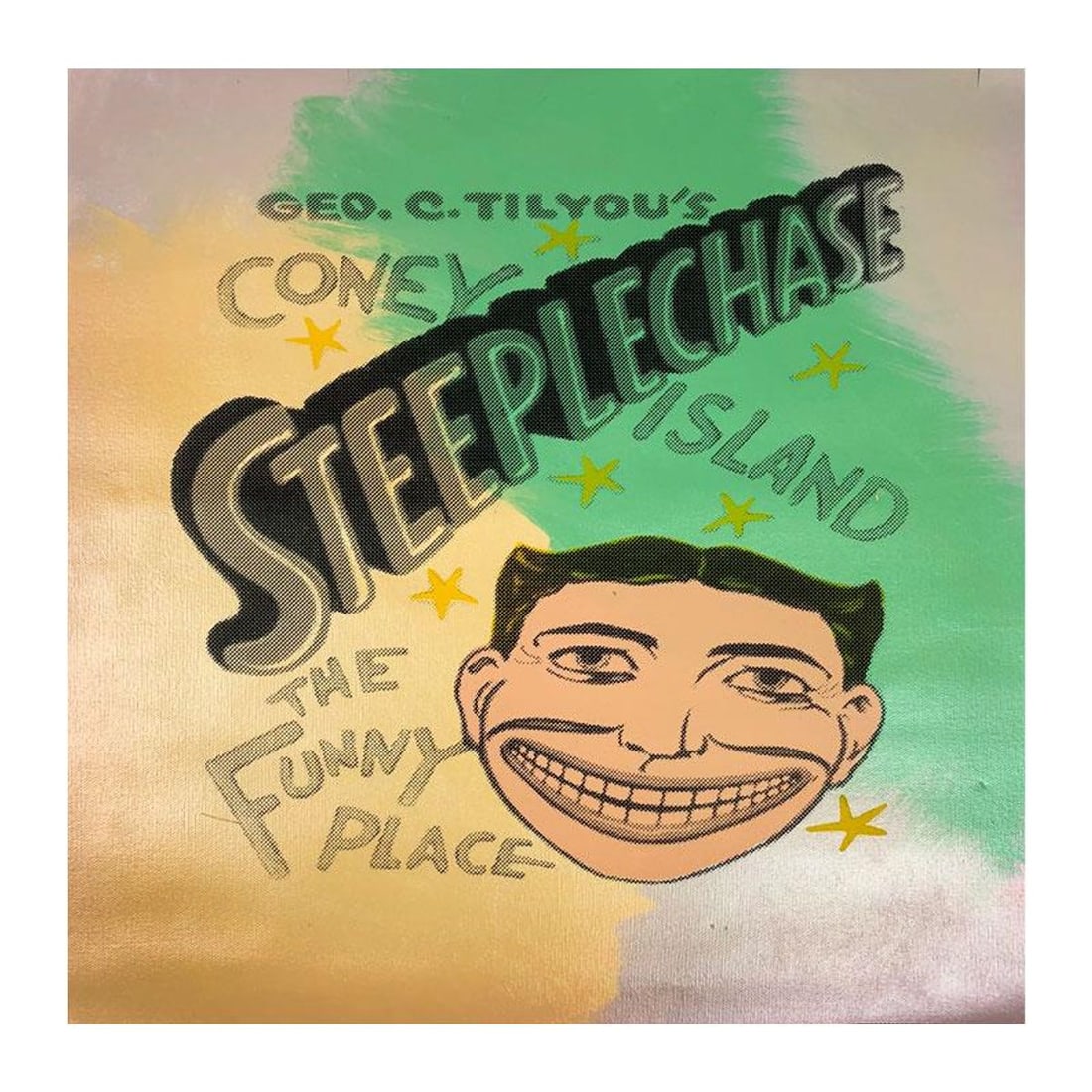 Steve Kaufman (1960-2010), "Steepechase, Coney Island" Hand Signed and Numbered Limited Edition Hand: Steepechase, Coney Island is a limited edition hand pulled silkscreen mixed media on canvas by Andy Warhol protege Steve Kaufman (1960-2010). This piece is numbered and 47/50 and hand signed inverso. 