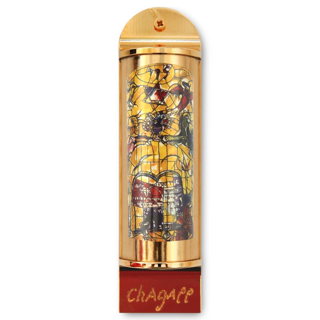 Marc Chagall- Mezuzah/ Silkscreen on 24K gold plated bronze "Levi": Artist: Marc Chagall. Medium: Mezuzah/ Silkscreen on 24K gold plated bronze. Title: Levi. Size: 5.1" x 1.4". Certificate of Authenticity: Is included. Additional: Limited edition of 1800. Full color s