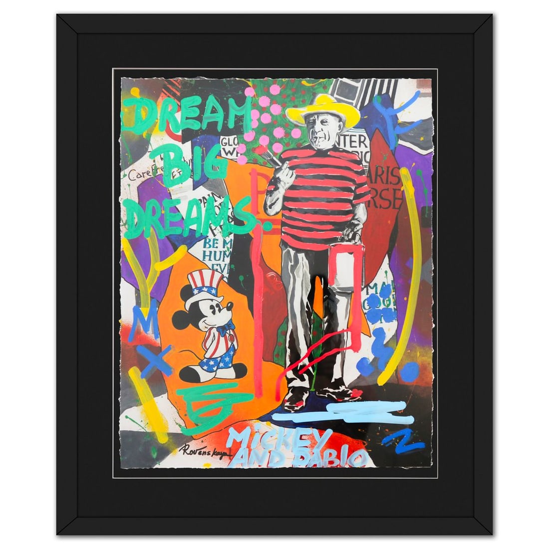 Nastya Rovenskaya- Original Mixed Media on Deckle Edge Paper "Pablo Picasso In Action": Artist: Nastya Rovenskaya. Medium: Original Mixed Media on Deckle Edge Paper. Title: Pablo Picasso In Action. Size: 30" x 24". Measures approx. 40" x 34" (framed). Signature: Hand Signed. Certificate 