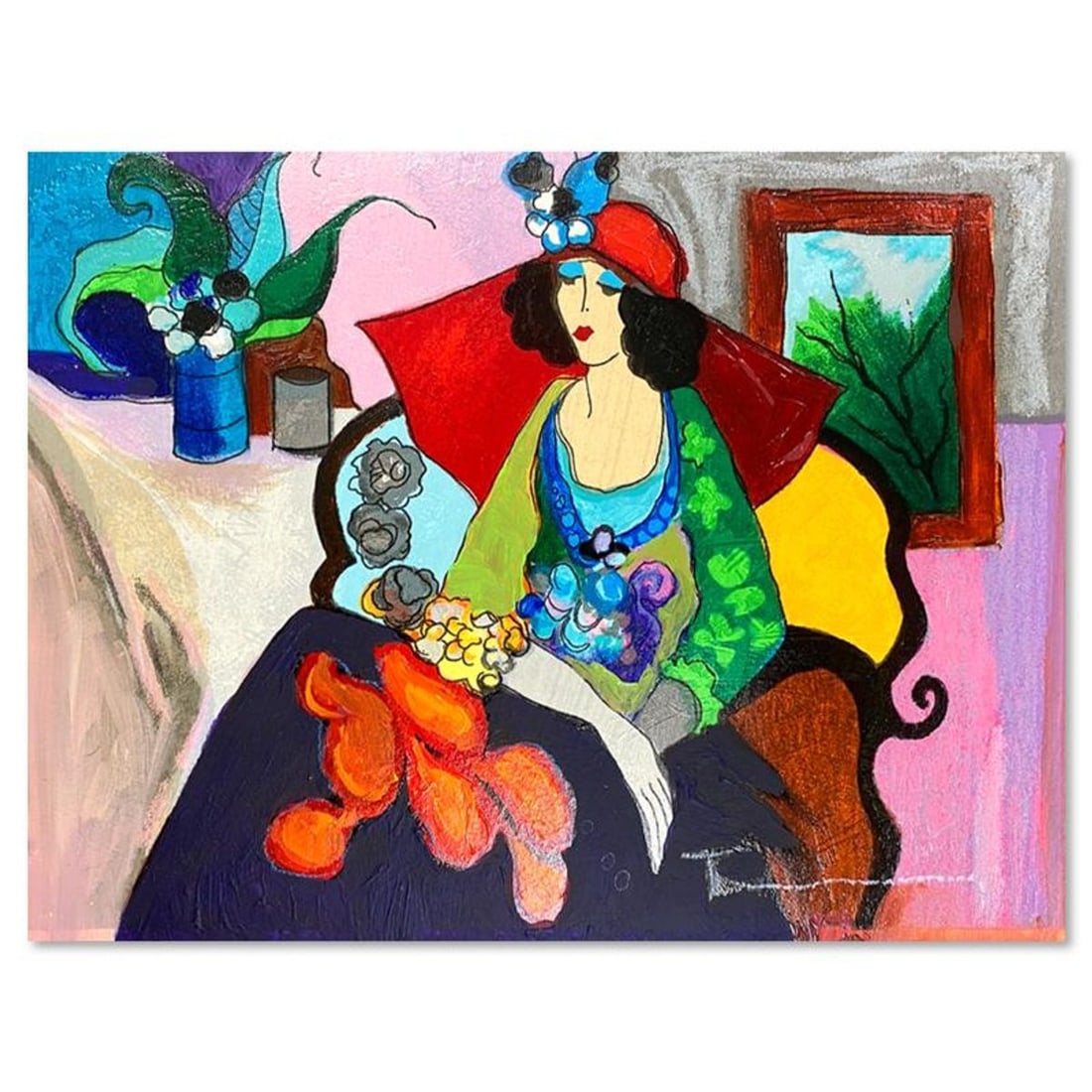 Itzchak Tarkay (1935-2012), "Red Hat" One-of-a-Kind Mixed Media Over Paint on Wood, Hand Signed with: Red Hat is a one-of-a-kind mixed media over paint on wood by Itzchak Tarkay (1935-2012), hand signed by the artist. Includes Letter of Authenticity. Measures approx. 9" x 12" (image).