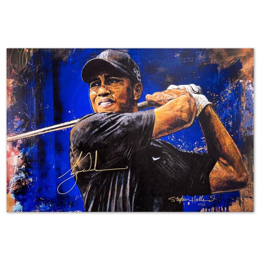 Stephen Holland, "Tiger Woods" Hand Embellished Limited Edition on Canvas, Numbered 64/69 and Hand (1 of 3)