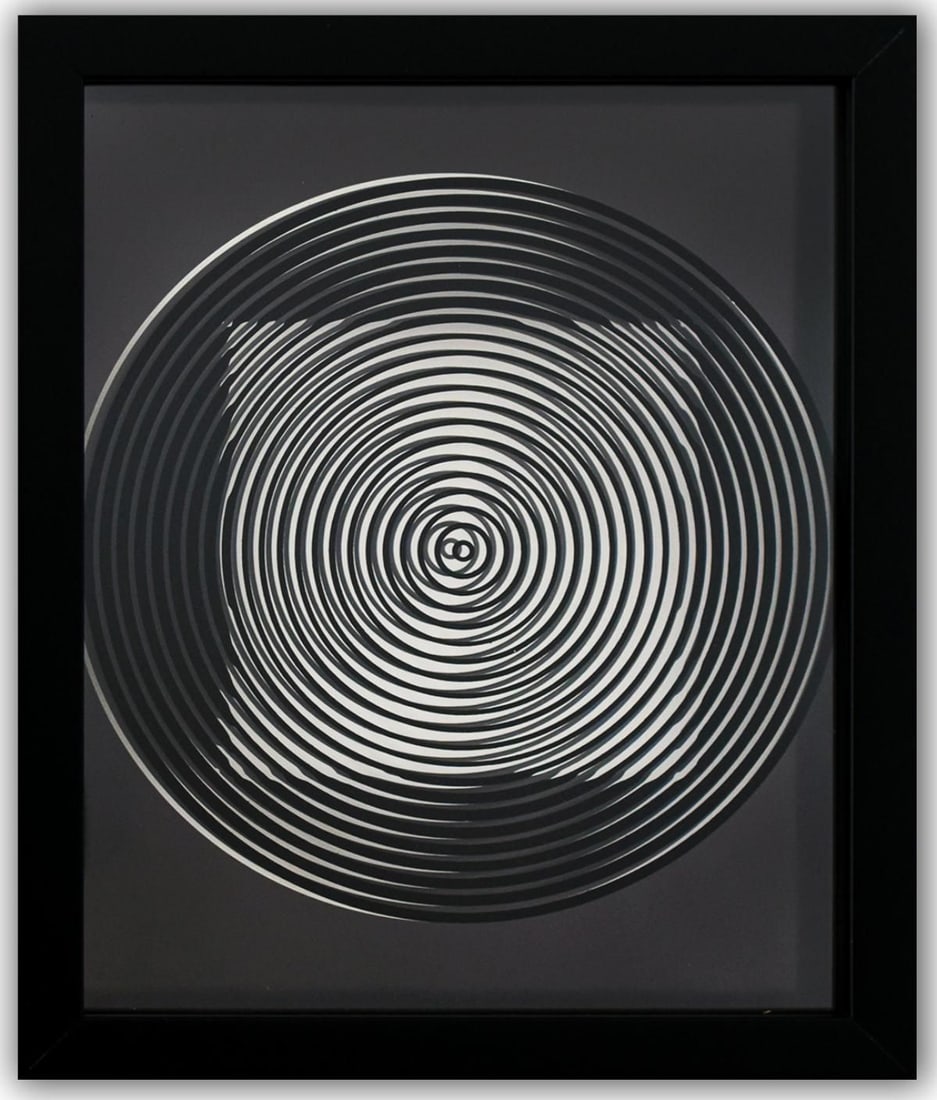 Victor Vasarely- 3D Wall Sculpture/object "Cinetiques": Artist: Victor Vasarely. Medium: 3D Wall Sculpture/object. Title: Cinetiques. Size: 11" x 9". Measures approx. 13" x 10.5" (framed). Additional: Custom Framed. 2 layers- Top layer printed on clear Luc
