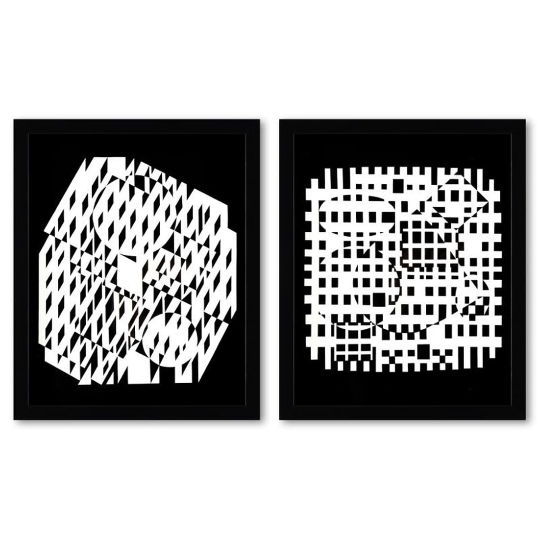 Victor Vasarely (1908-1997), "VAH-NEG et Nethe de la serie Croises (Diptych)" Framed 1973: VAH-NEG et Nethe de la serie Croises (Diptych) is a set of heliogravure prints on paper, published in 1973, by Victor Vasarely (1908-1997). These pieces come custom framed, with a letter of authentici