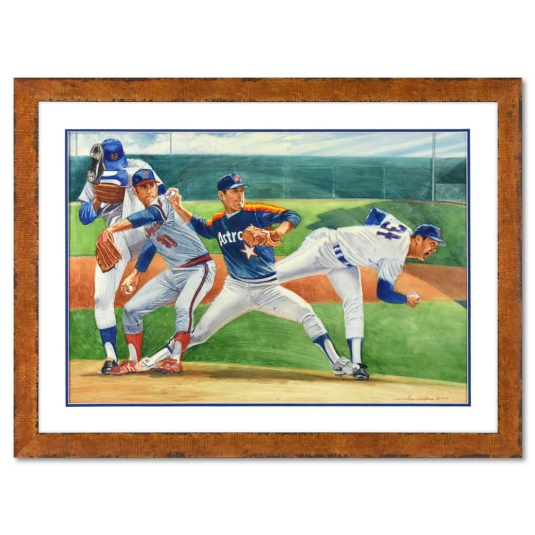 David Harrington, "Nolan Ryan" Framed Original Painting, Hand Signed with Letter of Authenticity.: Nolan Ryan is an original painting on paper by David Harrington, dated 1993 and hand signed by the artist. This piece comes custom framed. Includes Letter of Authenticity. Measures approx. 39" x 29" (