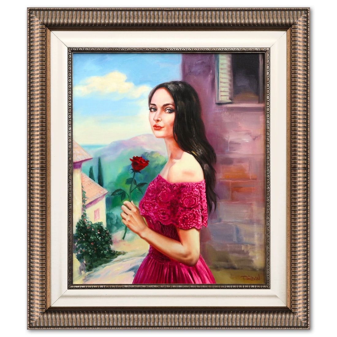 Taras Sidan- Original Oil on Canvas "Mediterranean Daydream": Artist: Taras Sidan. Medium: Original Oil on Canvas. Title: Mediterranean Daydream. Size: 24" x 20". Measures approx. 33" x 29" (framed). Signature: Hand signed. Certificate of Authenticity: Is includ
