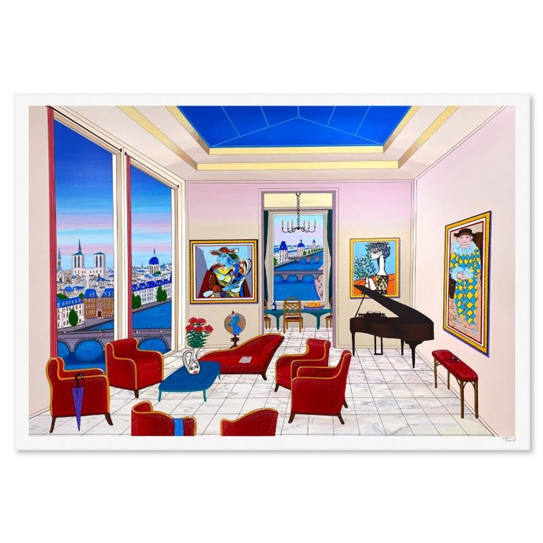 Fanch Ledan, "Interior with Four Picassos" Limited Edition Serigraph, EA Numbered and Hand Signed: Interior with Four Picassos is a limited edition serigraph on paper by Fanch, EA numbered and hand signed by the artist. Includes Letter of Authenticity. Measures approx. 33.5" x 48.5" (border), 31" x