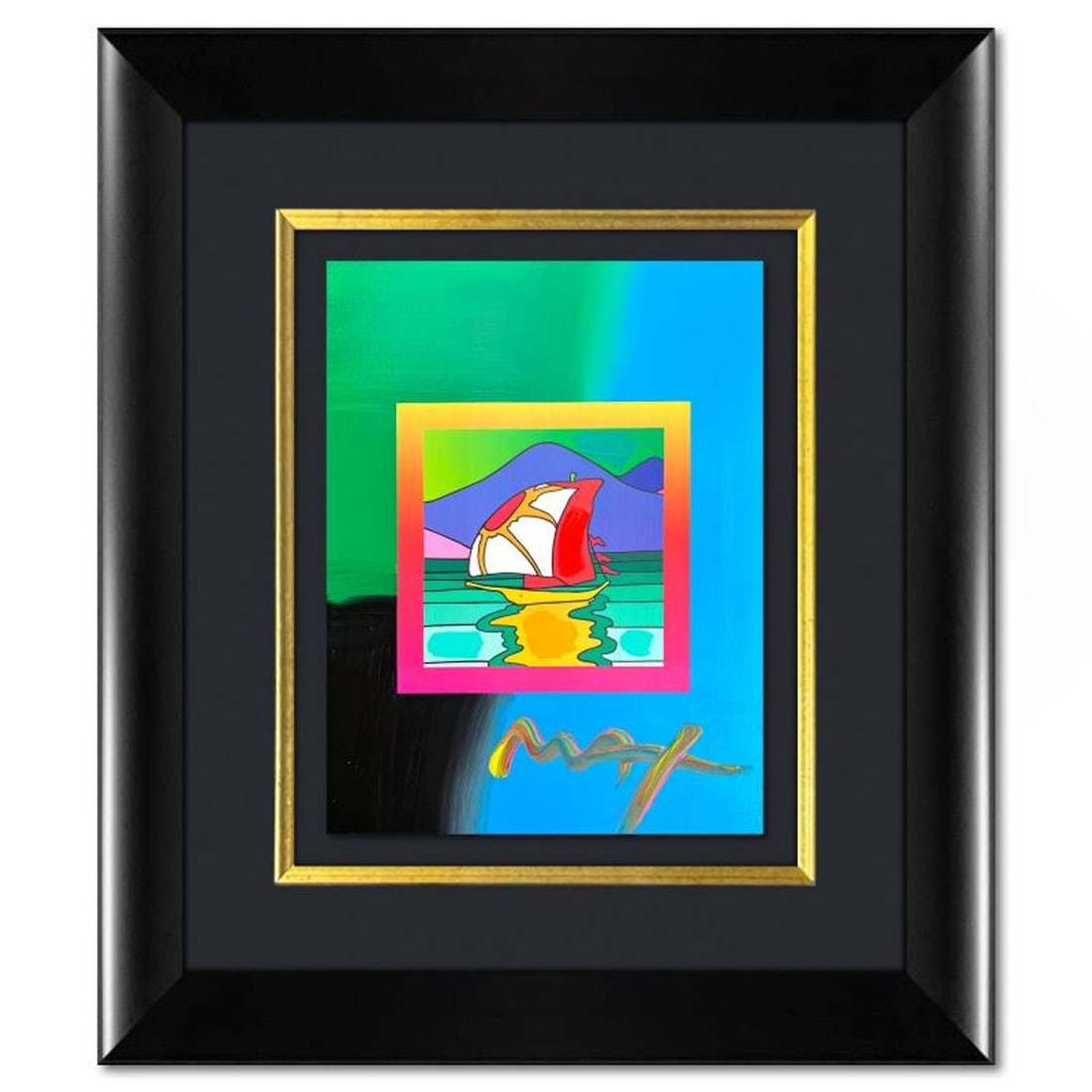 Peter Max, "Sailboat East" Framed One-of-a-Kind Acrylic Mixed Media, Hand Signed with Registration: Sailboat East is a hand signed one-of-a-kind acrylic mixed media on paper by Peter Max. The piece comes custom framed with a backside cutout to display Peter Max Studio registration number 261376 cert
