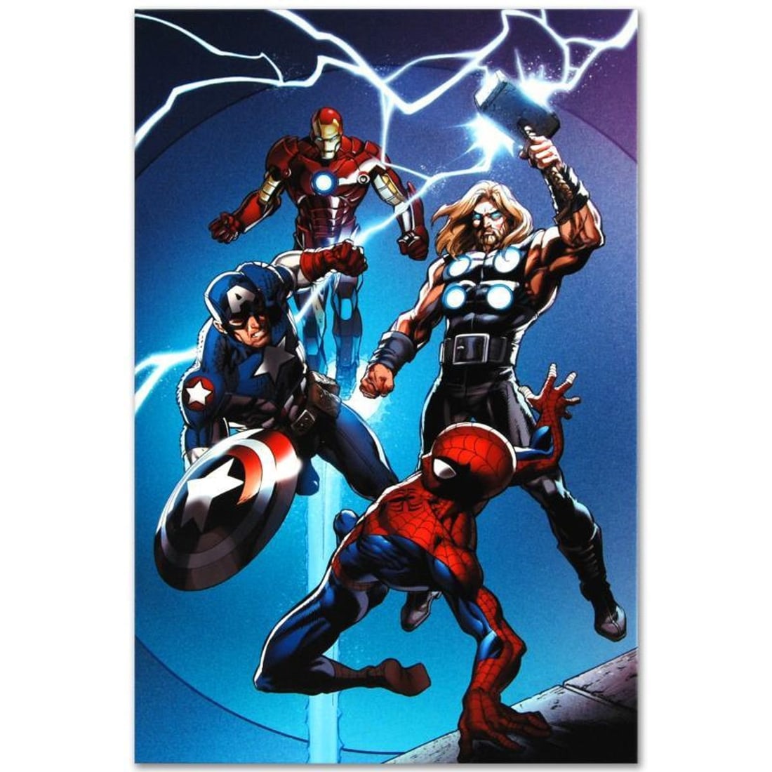 Marvel Comics "Ultimate Spider-Man #157" Numbered Limited Edition Giclee on Canvas by Mark Bagley: A piece of comic book history, this limited edition, from original art by Mark Bagley, depicts Captain America, Thor, Iron Man, and Spider-Man. Mark Bagley got his start by winning Marvel's Try-Out