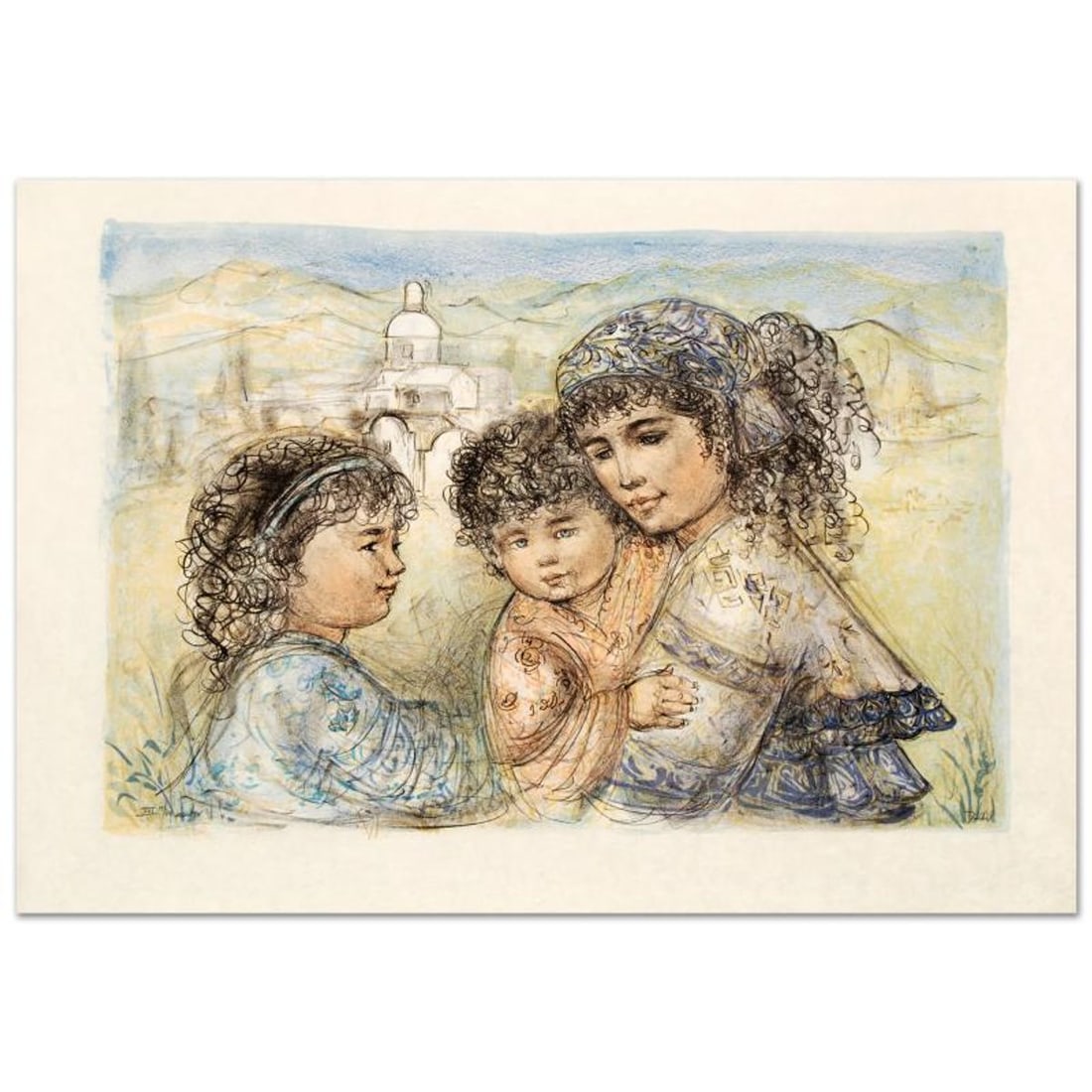 Zalina with Aries and Ande Limited Edition Lithograph by Edna Hibel (1917-2014), Numbered and Hand: Zalina with Aries and Ande is a limited edition lithograph on rice paper, numbered and hand signed by Edna Hibel (1917-2014). Includes Certificate of Authenticity! Measures approx. 35.5" x 25" (with b
