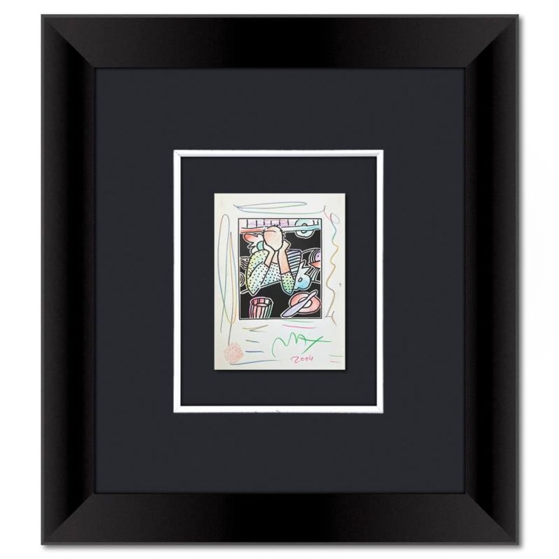 Peter Max, Framed One-of-a-Kind Mixed Media, Hand Signed with Registration Number Certifying: This is a one-of-a-kind mixed media on paper, hand signed by Peter Max. The piece comes custom framed with a backside cutout to display Peter Max Studio registration number 338994 certifying