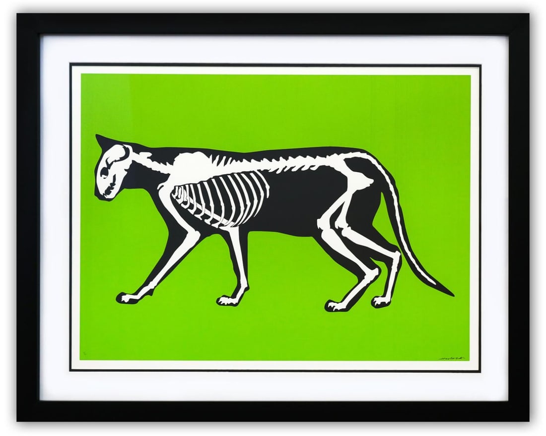 Hijack- Silkscreen "Skeleton Cat": Artist: Hijack. Medium: Silkscreen. Title: Skeleton Cat. Size: 22" x 29". Measures approx. 29" x 37" (framed). Signature: Hand Signed and numbered by the artist. Certificate of Authenticity: Is includ