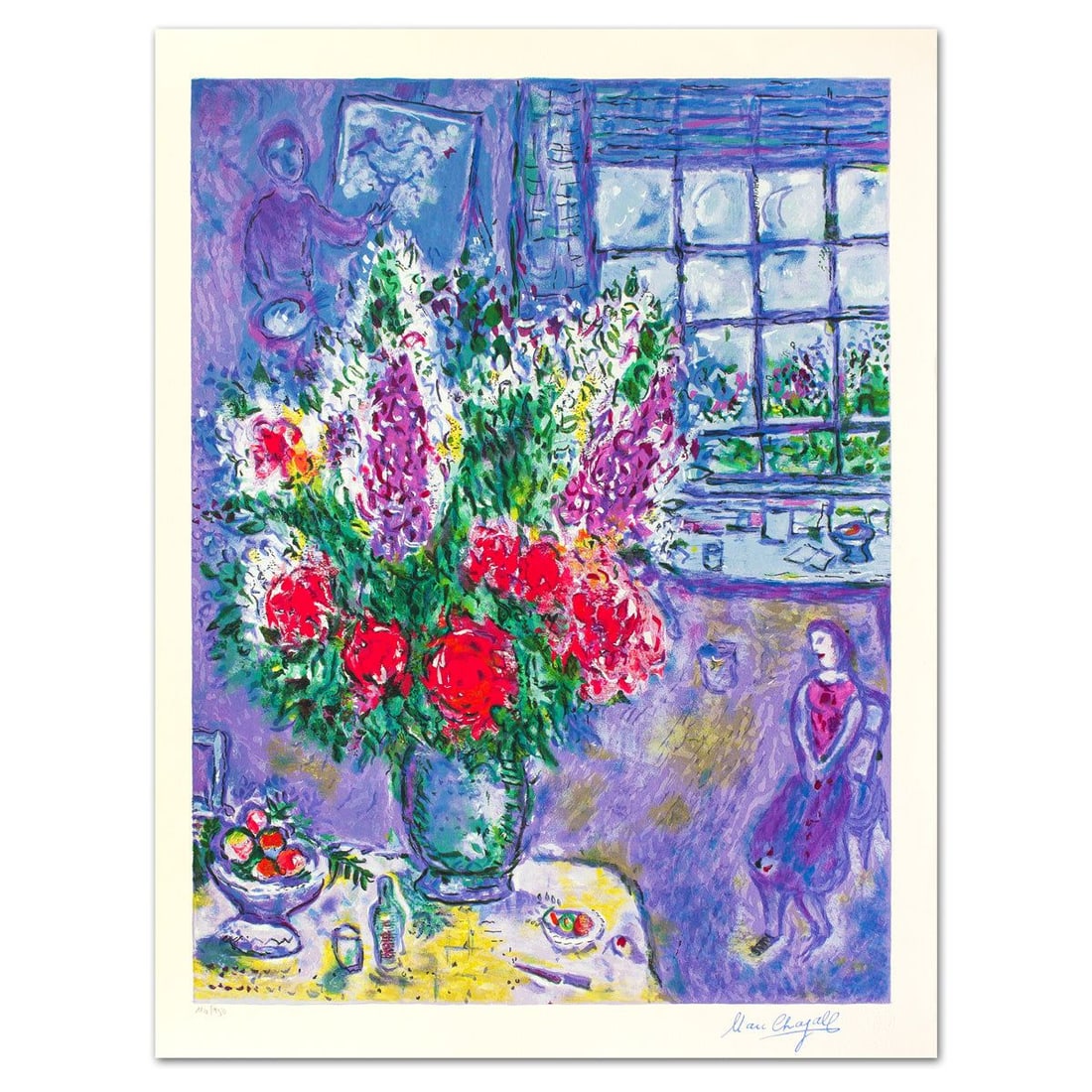 Marc Chagall- Serigraph "Autoportrait Avec Bouquet": Artist: Marc Chagall. Medium: Serigraph. Title: Autoportrait Avec Bouquet. Size: 31.5" x 24". Signature: Stamp signed and numbered. Certificate of Authenticity: Is included. Additional: Printed by ATE