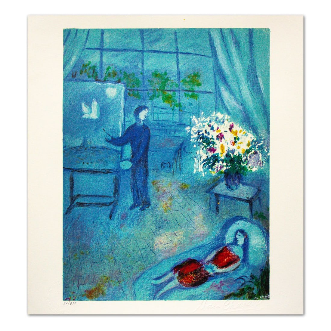 Marc Chagall- Lithograph "L'artiste Et Son Modele": Artist: Marc Chagall. Medium: Lithograph. Title: L'artiste Et Son Modele. Size: 15.5" x 14". Signature: Stamp signed and numbered. Certificate of Authenticity: Is included. Additional: Printed by Atel