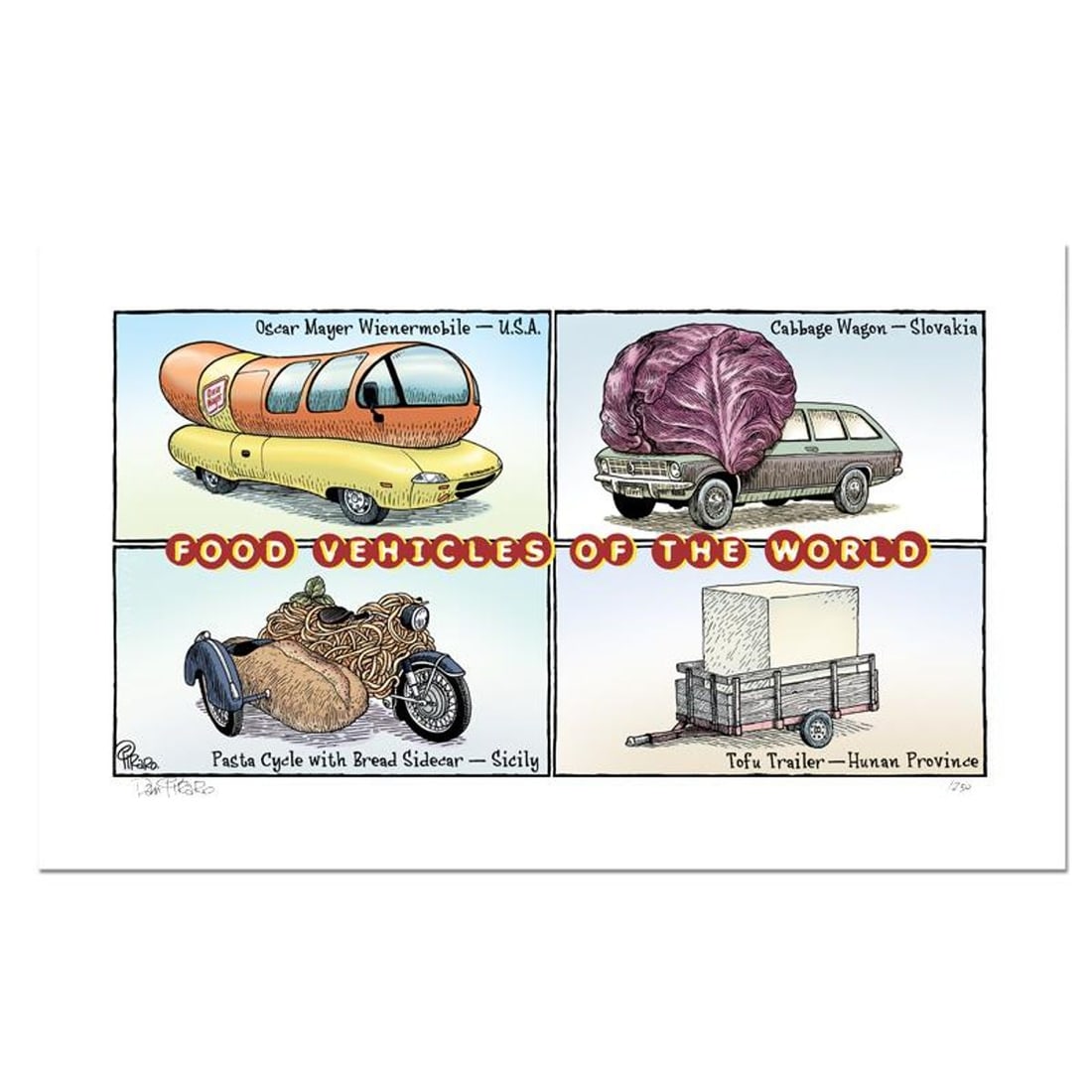 Bizarro, "Food Cars" Numbered Limited Edition Hand Signed by Creator Dan Piraro; Letter of: Food Cars is a limited edition giclee on paper by Dan Piraro, creator of the critically acclaimed and award winning comic strip, Bizarro! This piece is numbered and hand signed by the artist and inclu
