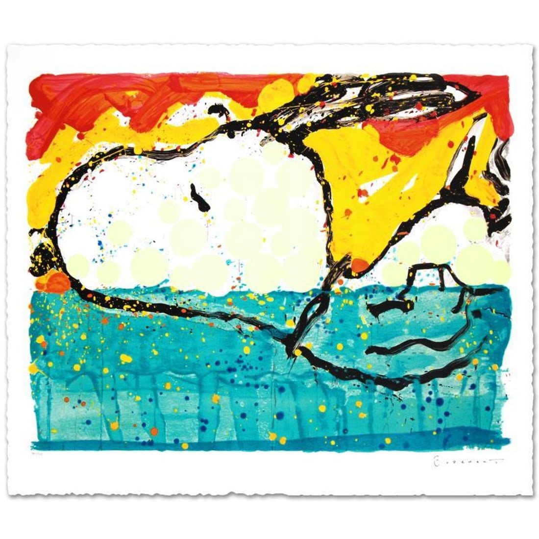Bora Bora Boogie Oogie Limited Edition Hand Pulled Original Lithograph by Renowned Charles Schulz: Bora Bora Boogie Oogie is a limited edition hand pulled original lithograph on museum quality deckle-edge paper, numbered and hand signed by Tom Everhart. This is one of the final Everhart editions