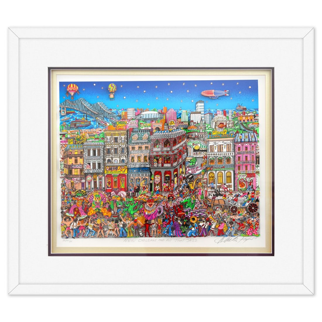 Charles Fazzino- 3D Construction Silkscreen Serigraph "New Orleans and All That Jazz": Artist: Charles Fazzino. Medium: 3D Construction Silkscreen Serigraph. Title: New Orleans and All That Jazz. Size: 19" x 23". Measures approx. 27" x 30" (framed). Signature: Hand signed and numbered.