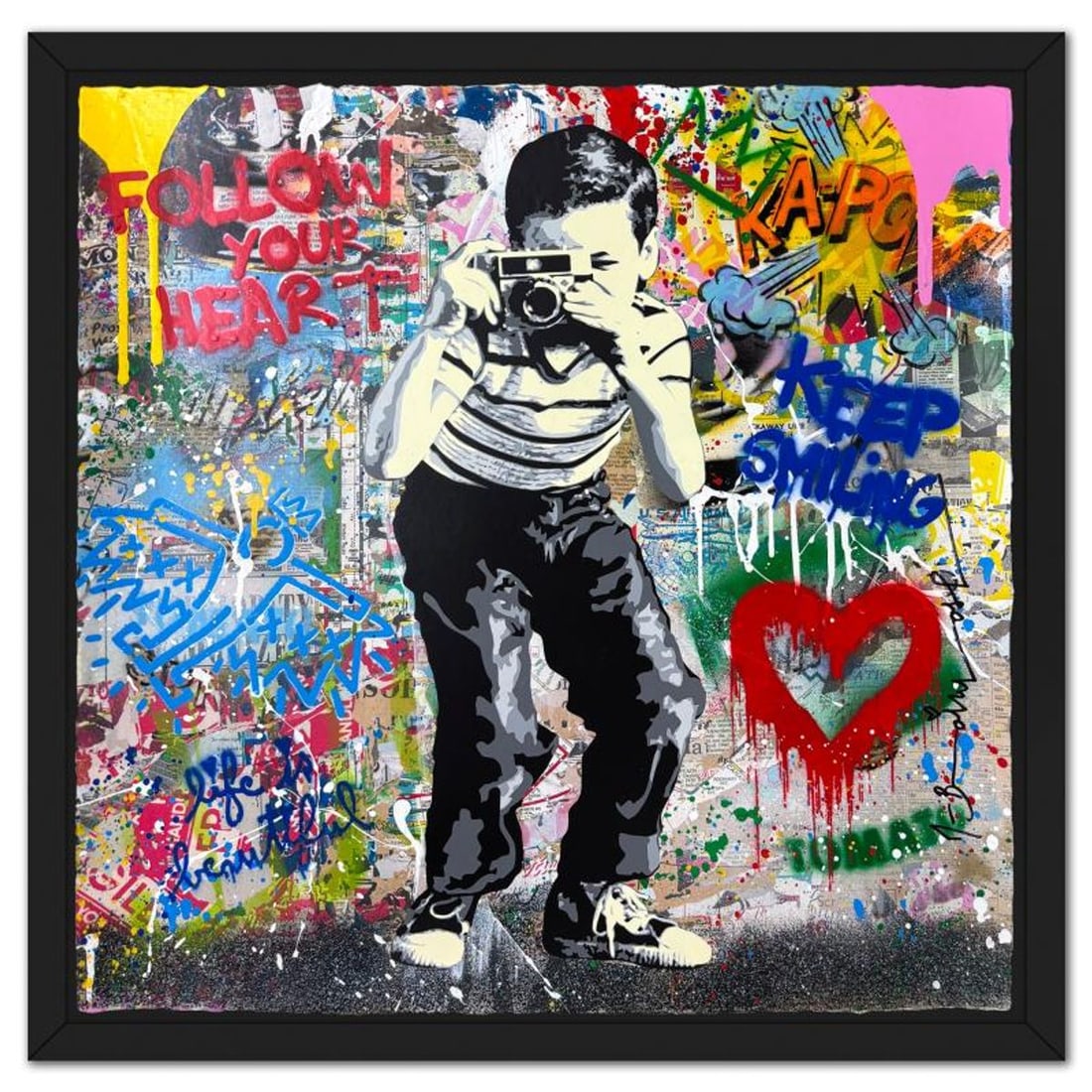 Mr Brainwash, "Smile" Framed Mixed Media Original, Hand Signed with Certificate of Authenticity.: Smile is a mixed media original on deckle edge paper by Mr Brainwash, Hand Signed and thumbprinted en verso by the artist. This piece comes custom framed. Includes Certificate of Authenticity.