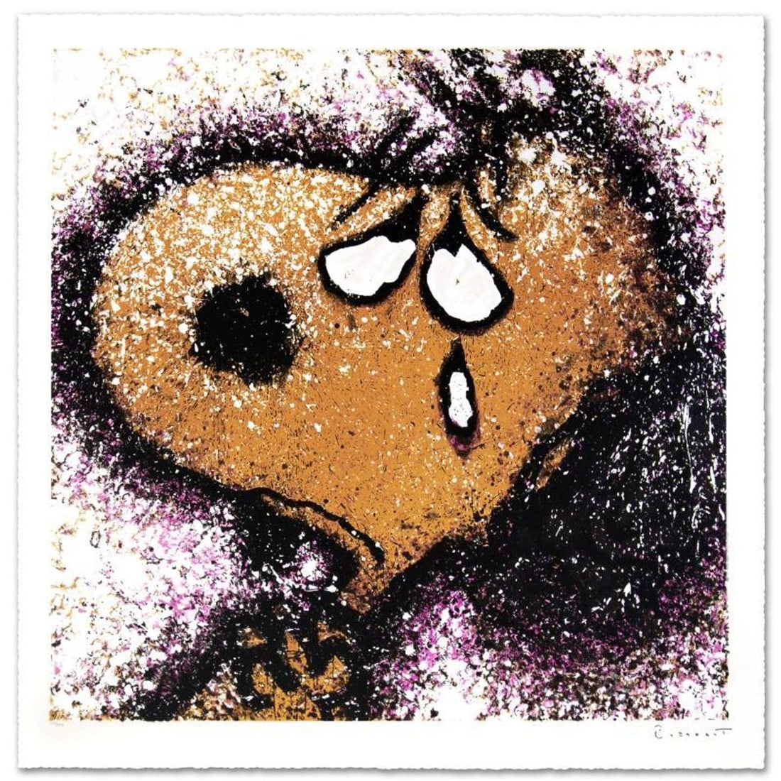 The Tear Limited Edition Hand Pulled Original Lithograph by Renowned Charles Schulz Protege, Tom: The Tear is a limited edition hand pulled original lithograph on museum quality deckle-edge paper, numbered and hand signed by Tom Everhart. This is one of the final Everhart editions to be created on