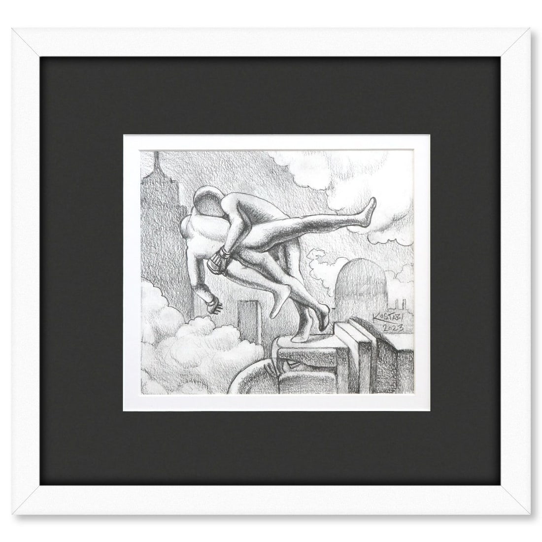 Mark Kostabi- Original Drawing on Paper "The Edge of Discovery": Artist: Mark Kostabi. Medium: Original Drawing on Paper. Title: The Edge of Discovery. Size: 8" x 9". Measures approx. 16" x 17" (framed). Signature: Hand signed by the artist. Certificate of