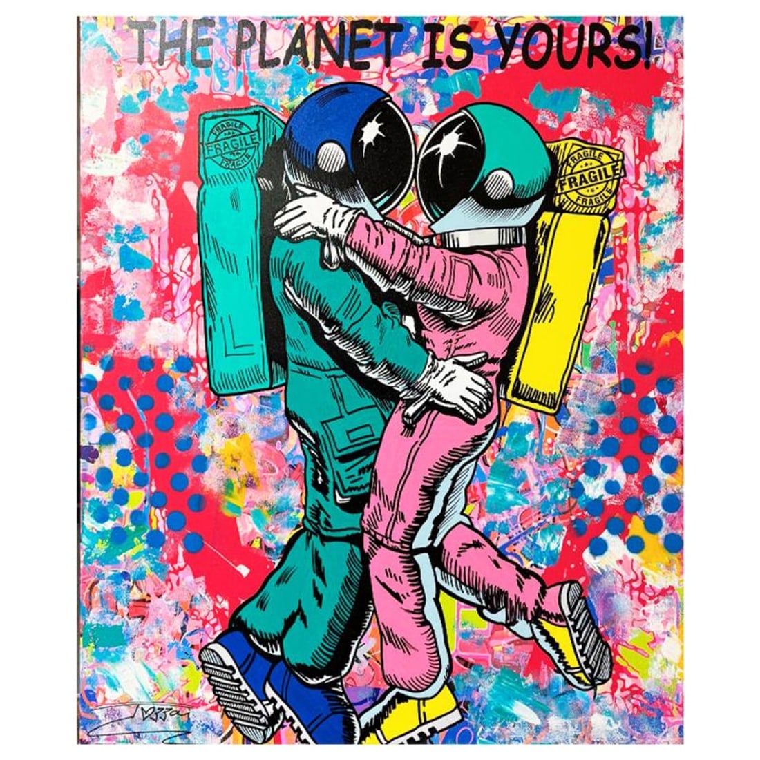 Jozza, "Planet is Yours" Unique Mixed Media on Canvas, Hand Signed Inverso with Letter of: Planet is Yours is a unique mixed media acrylic on gallery wrapped canvas by Jozza. This piece is hand signed and titled in verso. Includes Letter of Authenticity. Measures approximately 48" x 40" (im