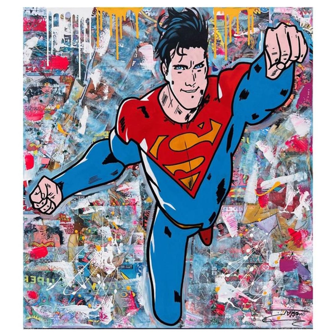 Jozza, "Superman Action" Unique Mixed Media on Canvas, Hand Signed with Letter of Authenticity.: Superman Action is a unique mixed media acrylic on gallery wrapped canvas by Jozza. Hand Signed by the artist and titled in verso, the piece comes with a letter of authenticity. Measures