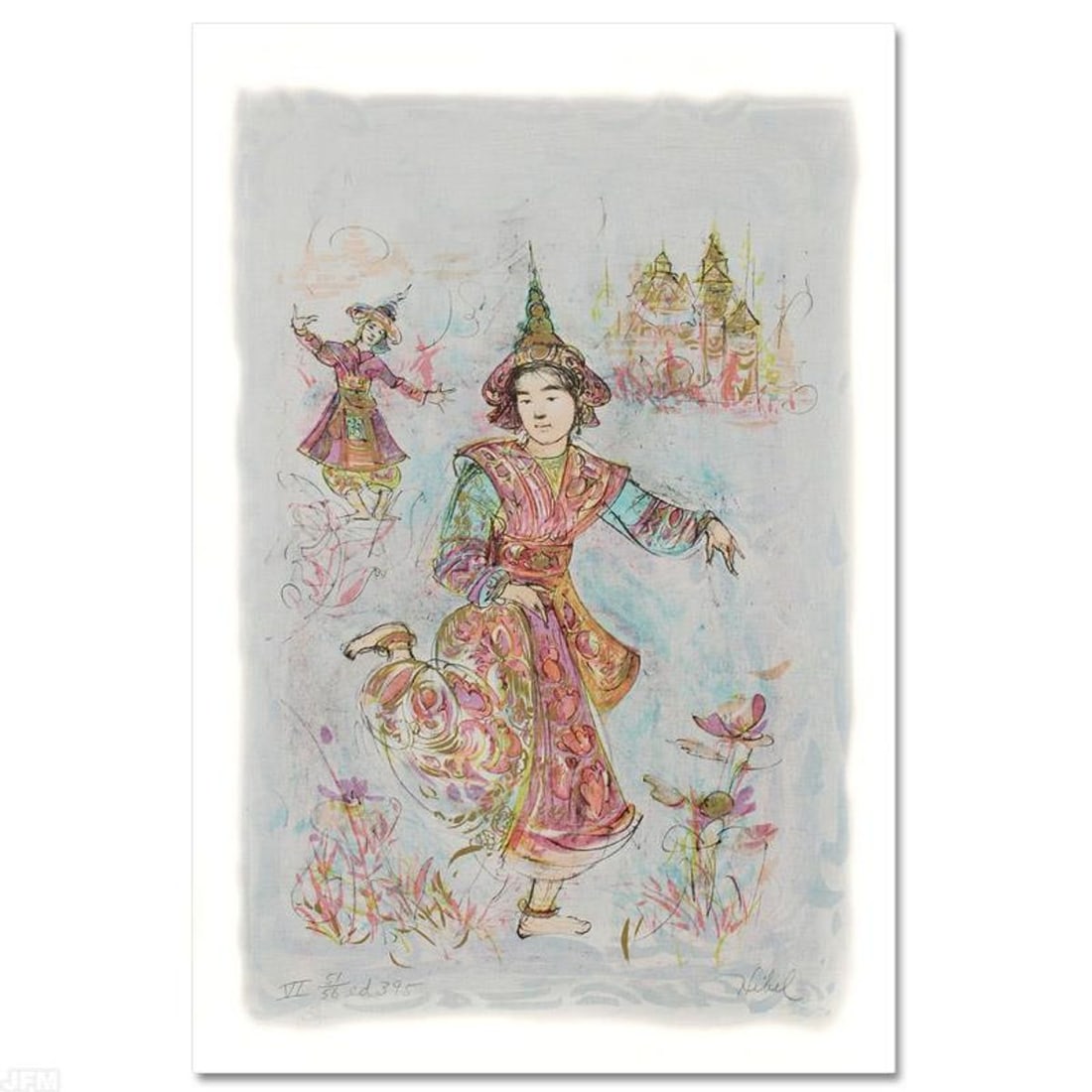 Thai Dancers Limited Edition Lithograph by Edna Hibel (1917-2014), Numbered and Hand Signed with: Thai Dancers is a limited edition lithograph on paper, numbered and hand signed by Edna Hibel (1917-2014). Includes Certificate of Authenticity! Measures approx. 15" x 25" (with border), 12" x 18.5"