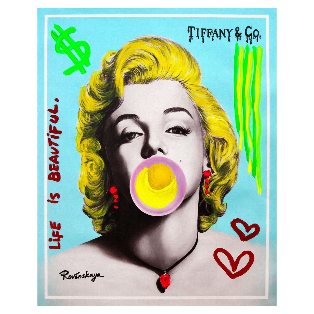 Nastya Rovenskaya- Mixed Media on Canvas "Bubble Gum": Artist: Nastya Rovenskaya. Medium: Mixed Media on Canvas. Title: Bubble Gum. Size: 30" x 24". Signature: Hand signed. Certificate of Authenticity: Is included. Reference#: 52452.