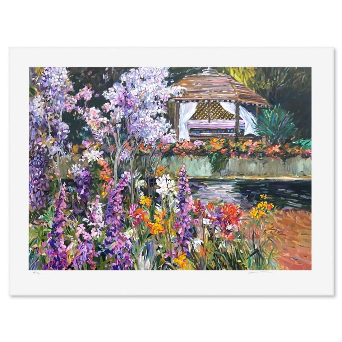Henri Plisson (1933-2006), "The Gazebo" Limited Edition Serigraph, Numbered 1/21 and Hand Signed: The Gazebo is a limited edition serigraph on paper by Henri Plisson (1933-2006), numbered 1/21 and hand signed by the artist. Includes Letter of Authenticity. Measures approx. 30.5" x 38.5" (border), 