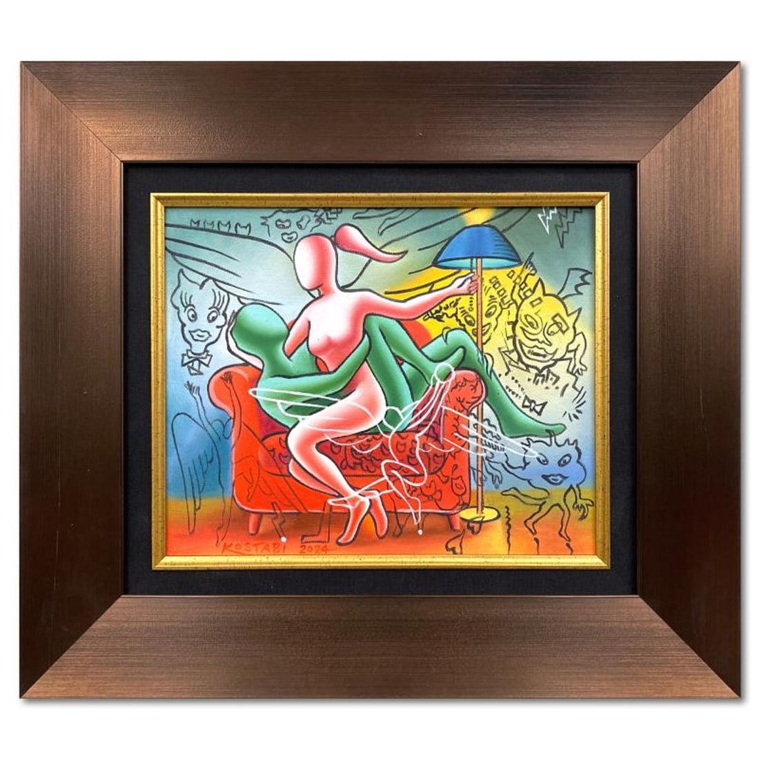 Mark Kostabi, "Embracing the Imagination" Framed Original Oil Painting on Canvas, Hand Signed with (1 of 2)