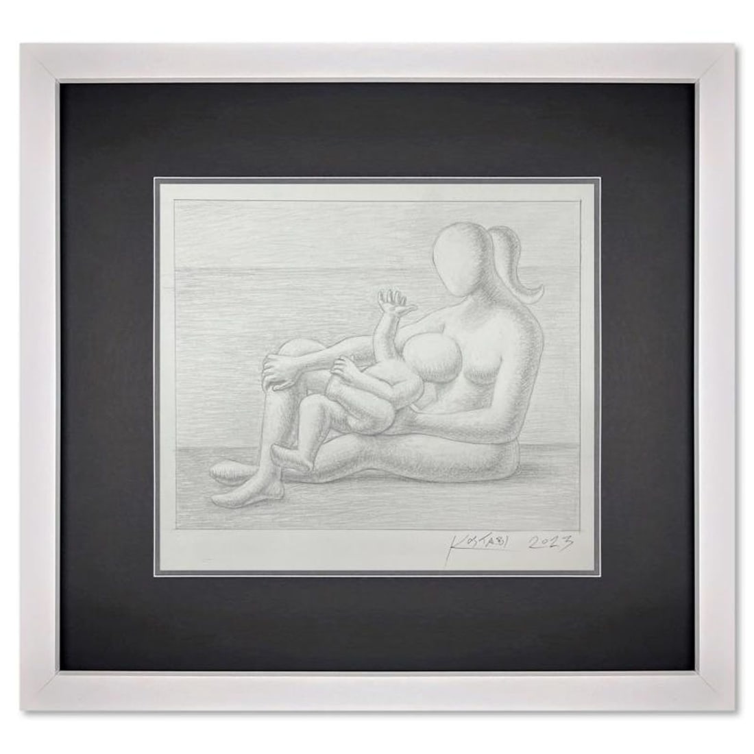 Mark Kostabi, "Nurturing Presense" Framed Original Drawing on Paper, Hand Signed with Certificate of: Nurturing Presense is an original drawing on paper by Mark Kostabi, hand signed by the artist. This piece comes custom framed and includes a certificate of authenticity. Measures approximately 13" x 1