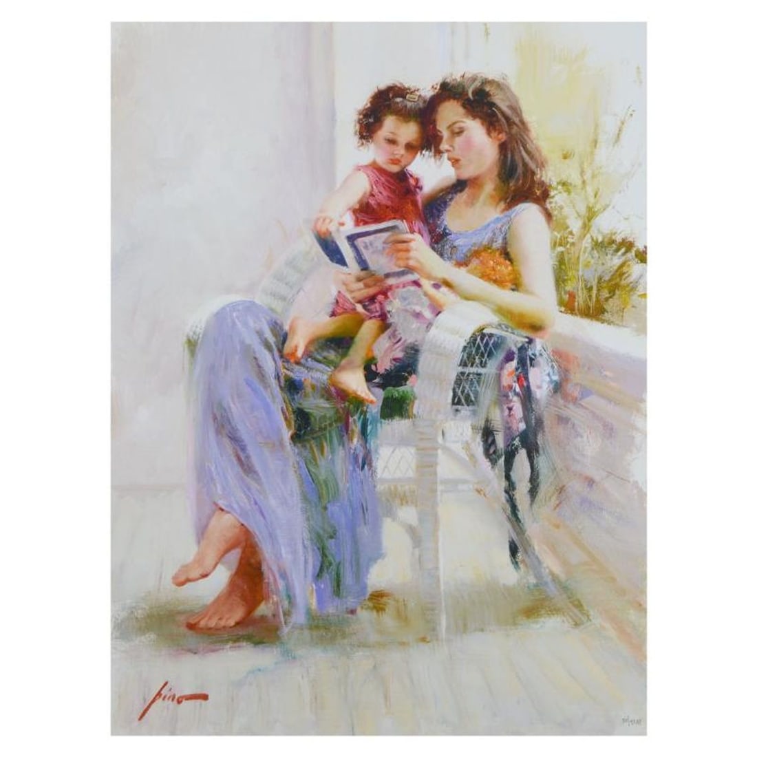 Pino (1939-2010), "Book of Poems" Limited Edition Hand Embellished Giclee on Canvas. Numbered and: Pino's portraits allow glimpses into intensely personal, intimate spaces, conveying emotion through rich, warm color and sensual brushwork. "Book of Poems" is a hand embellished limited edition giclee