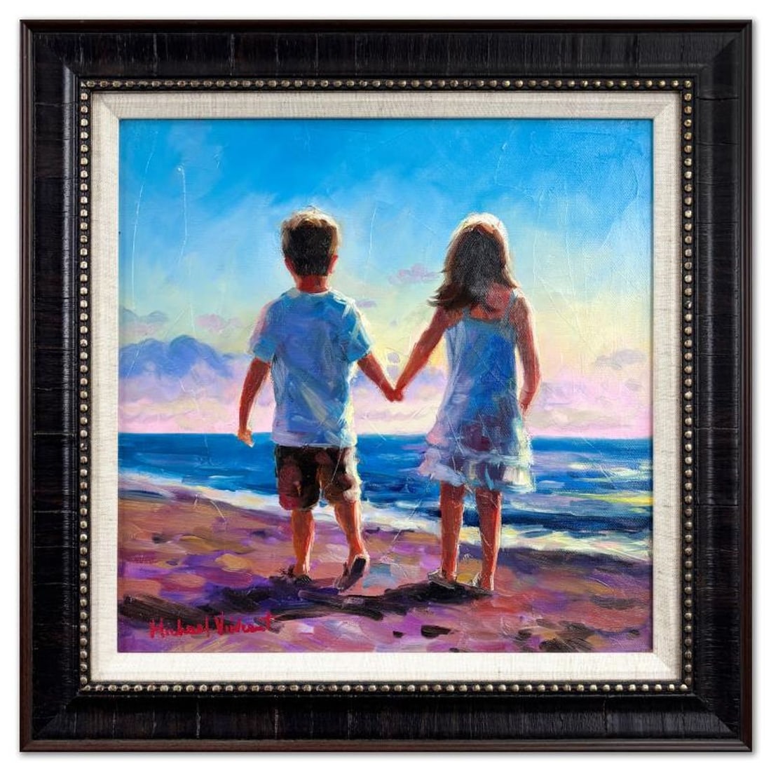 Michael Vincent, "Love Birds" Framed Original Painting on Canvas, Hand Signed with Letter of