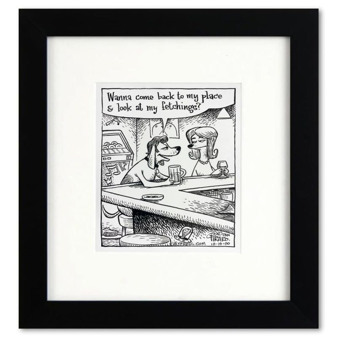 Bizarro, "Dog Pickup Line" is a Framed Original Pen & Ink Drawing by Dan Piraro, Hand Signed with: Enter a surreal and satirical world of twisted imagination and award winning creativity. "Dog Pickup Line" is an original pen & ink drawing on paper by Dan Piraro, creator of the critically acclaimed 