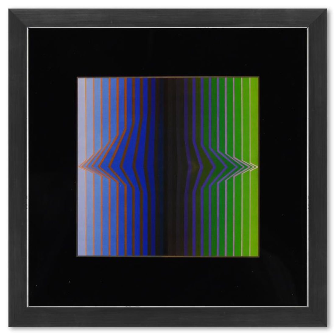 Victor Vasarely (1908-1997), "Ilile - III de la serie Vonal" Framed 1971 Heliogravure Print with: Ilile - III de la serie Vonal is a heliogravure print on paper, published in 1971, by Victor Vasarely (1908-1997). This piece comes custom framed, with a letter of authenticity and with a 1976 Vasarel