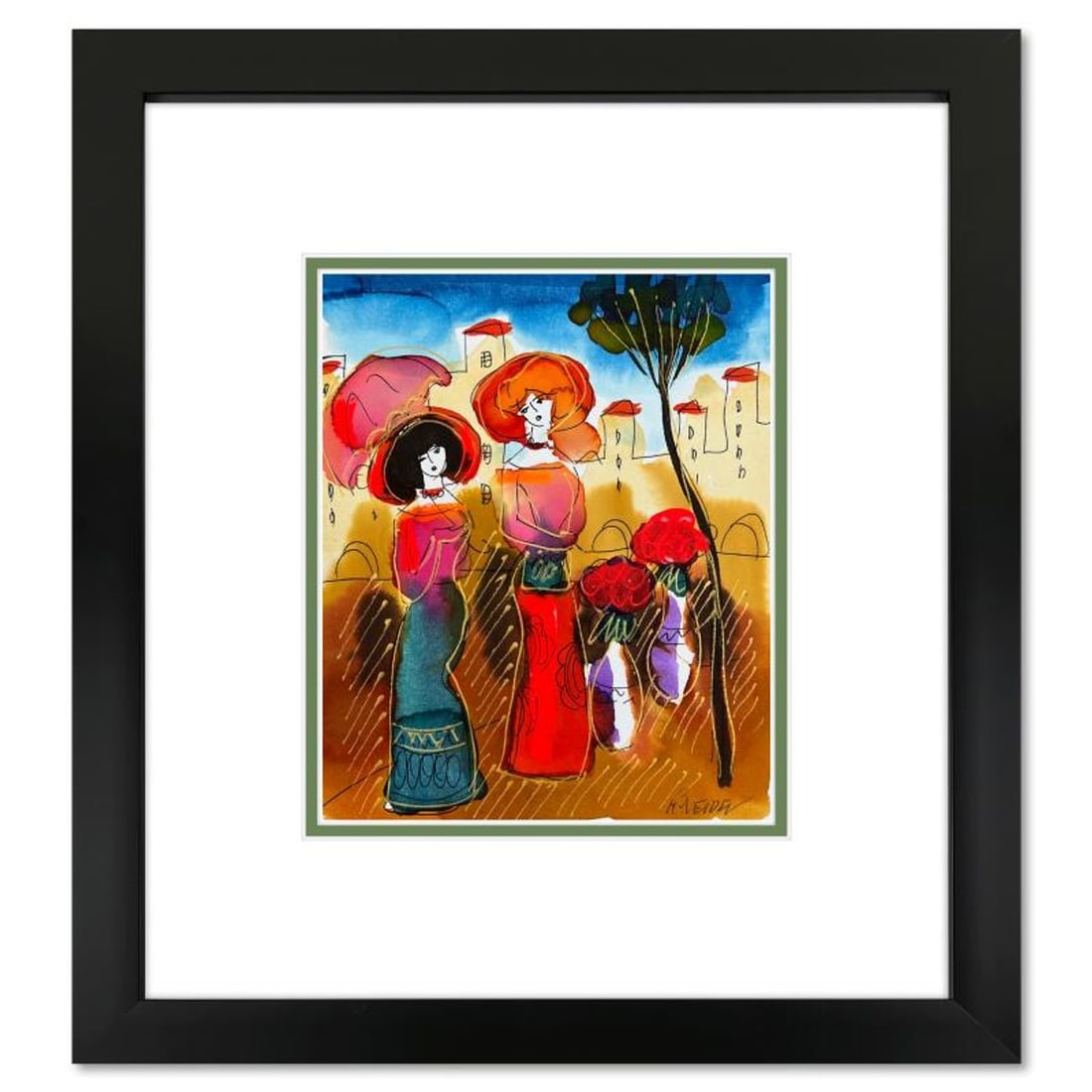 Moshe Leider, Framed Original Mixed Media Watercolor Painting, Hand Signed with Letter of: This is an original mixed media watercolor painting on paper by Moshe Leider. Hand signed by the artist, this piece comes custom framed and includes a Letter of Authenticity. Measures approximately 16
