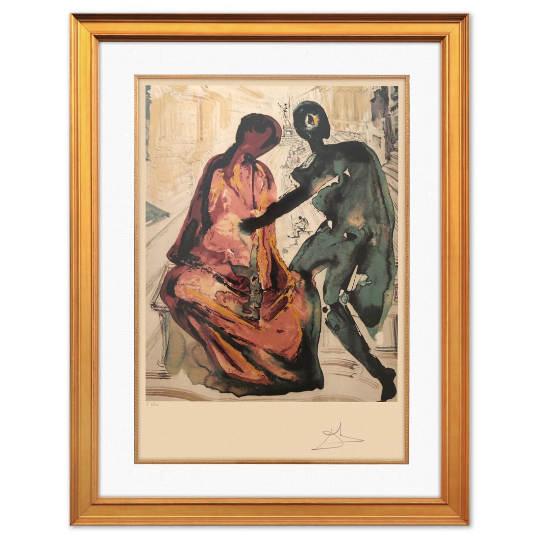 Salvador Dali- Original Lithograph "Anthony and Cleopatra": Artist: Salvador Dali. Medium: Original Lithograph. Title: Anthony and Cleopatra. Size: 26" x 18". Measures approx. 36" x 28" (framed). Signature: Hand signed and numbered. Certificate of Authenticity