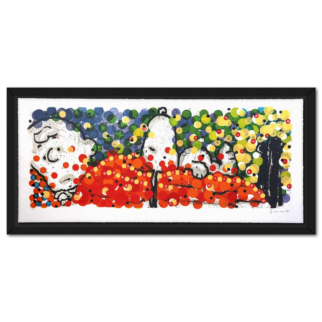 Tom Everhart- Hand Pulled Original Lithograph "Snooze Alarm Boogie, 7:15 AM": Artist: Tom Everhart. Medium: Hand Pulled Original Lithograph. Title: Snooze Alarm Boogie, 7:15 AM. Size: 25" x 58". Measures approx. 30" x 62" (framed). Signature: Hand signed and numbered. Certifica