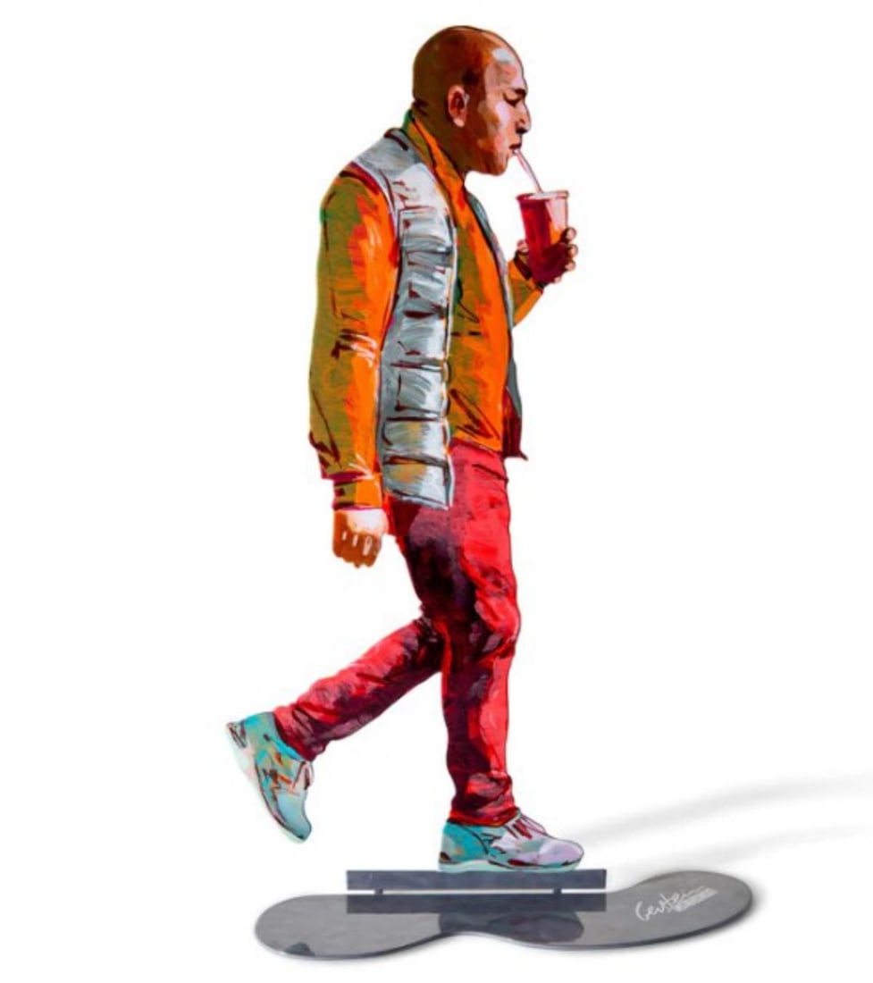 David Gerstein- Free Standing Sculpture "WALKER WITH ORANGE JUICE": Artist: David Gerstein. Medium: Free Standing Sculpture. Title: WALKER WITH ORANGE JUICE. Size: 16.3" x 8.9". Signature: Signed. Certificate of Authenticity: Is included. Additional: This piece is fre