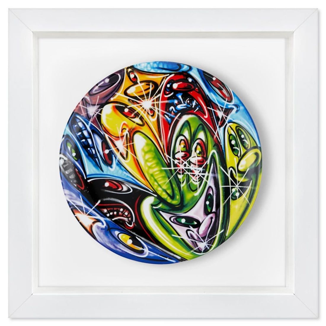 Kenny Scharf, "Coloridi" Framed Limited Edition Fine Bone China Plate: "Coloridi" is a limited edition fine bone china plate by Kenny Scharf. This plate is custom framed and floated on linen. Measures approx. 16" x 16" (frame), 11" (plate diameter). This item requires sp