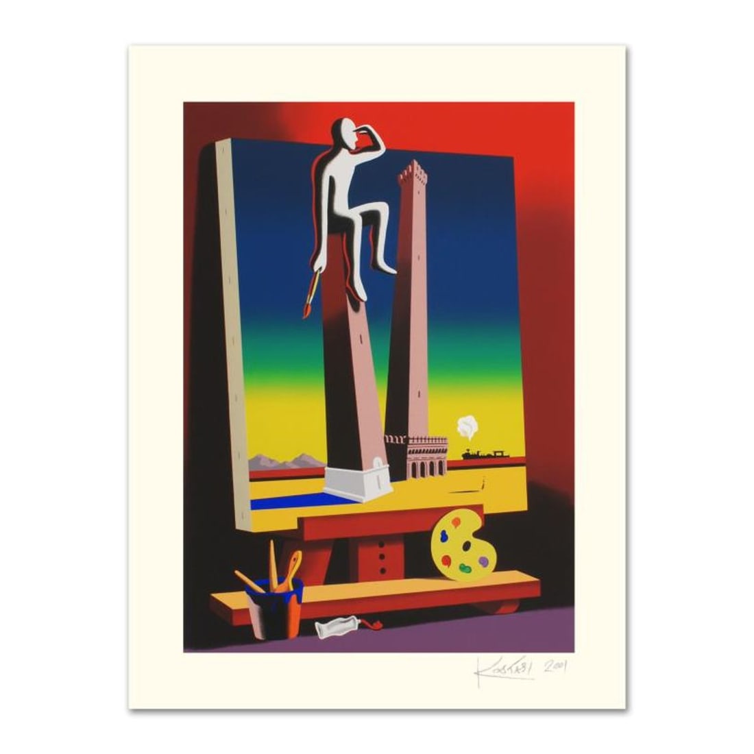 Mark Kostabi, "Loophole With A View" Limited Edition Serigraph, Numbered and Hand Signed with: Loophole With A View is a limited edition serigraph on paper, numbered and hand signed by Kostabi. Includes Certificate of Authenticity! Measures approx. 27.5" x 35.5" (with border), 21.5" x 29.5" (im