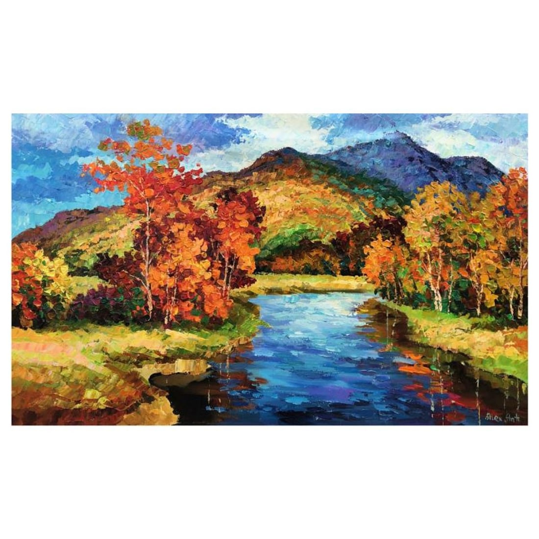 Alexander Antanenka, "River Flows" Original Painting on Canvas, Hand Signed with Letter of: River Flows is an original oil painting on stretched canvas by Alexander Antanenka. Hand signed by the artist, the piece comes with a letter of authenticity. Measures approximately 18" x 30" (image).