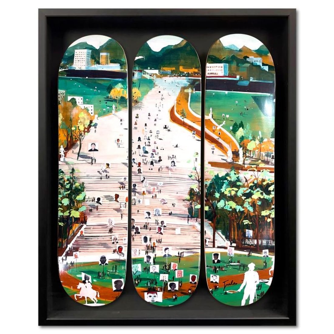 Jules de Balincourt, "Idol Hands" Framed Limited Edition Skateboard Triptych, Numbered and Hand: Idol Hands is a limited edition skateboard triptych by Jules de Balincourt, numbered and hand signed by the artist inverso. This triptych comes custom framed. Includes Letter of Authenticity.
