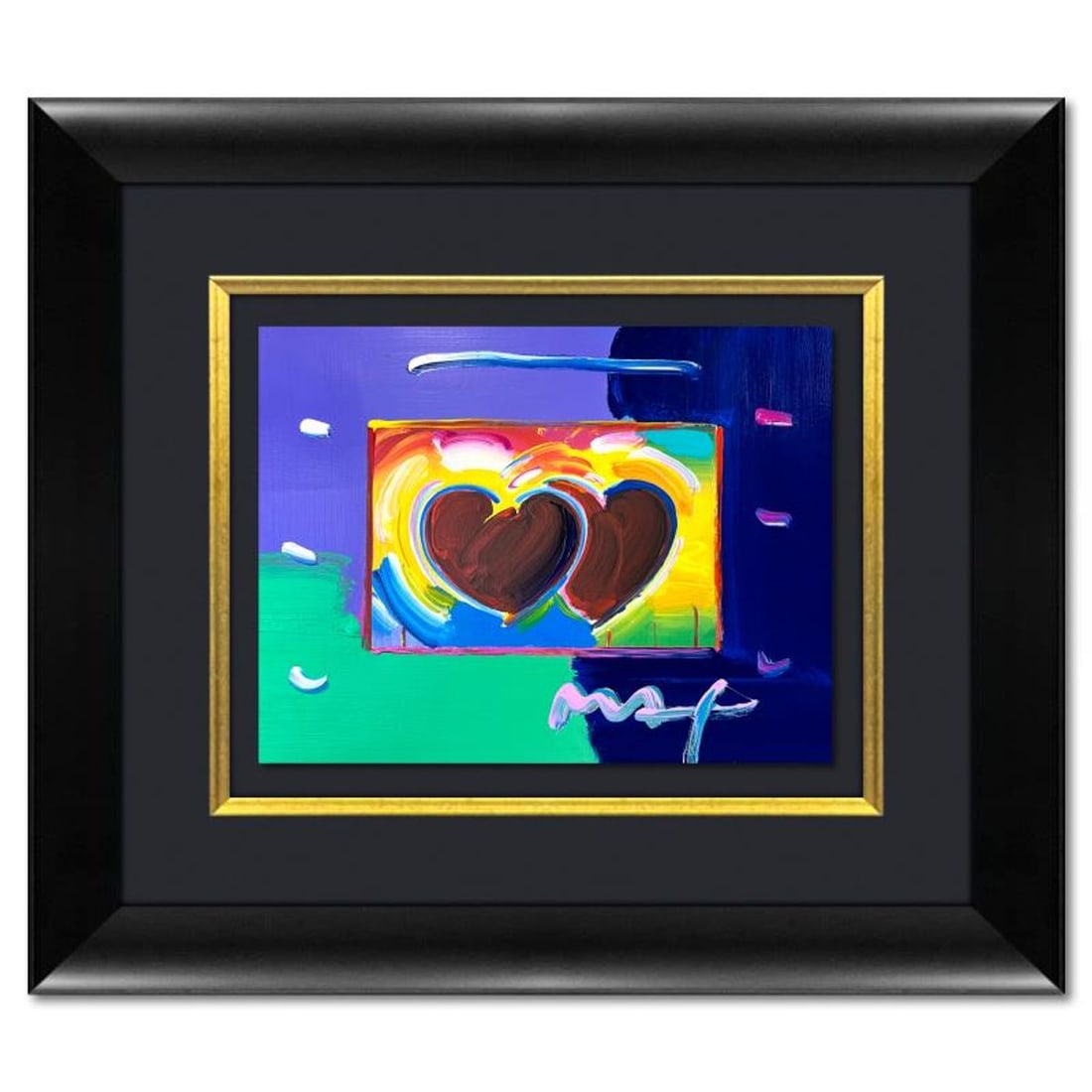 Peter Max, "2 Hearts" Framed One-of-a-Kind Acrylic Mixed Media, Hand Signed with Registration Number (1 of 2)