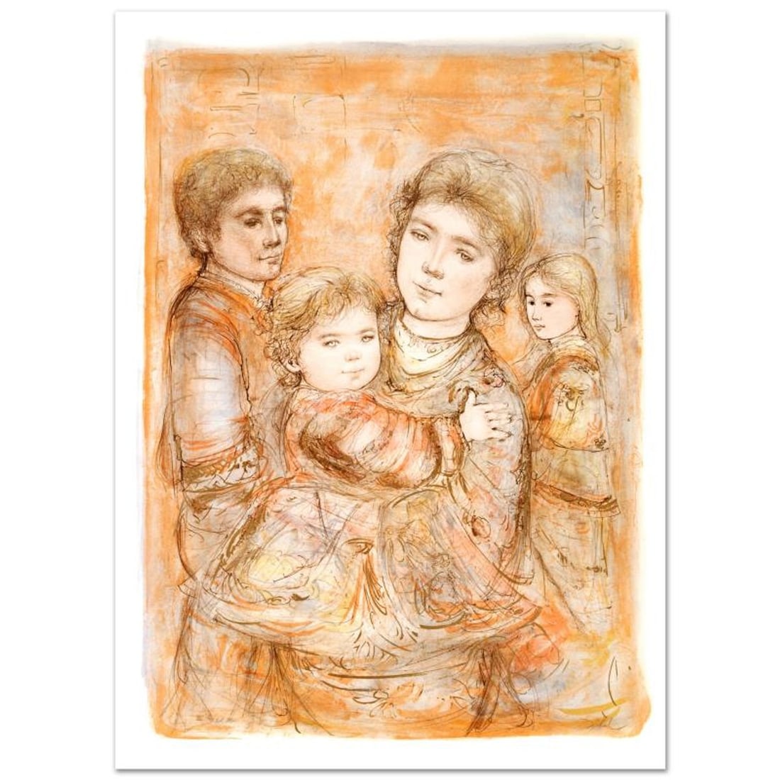 Portrait of a Family Limited Edition Lithograph (28" x 40.5") by Edna Hibel (1917-2014), Numbered: Portrait of a Family is a limited edition lithograph on paper, numbered and hand signed by Edna Hibel (1917-2014). Includes Certificate of Authenticity! Measures approx. 31.5" x 44" (with border), 28"