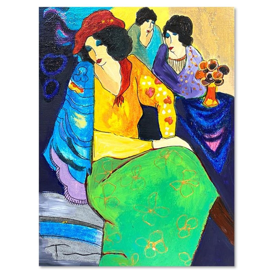 Itzchak Tarkay (1935-2012), "Blue Mood" One-of-a-Kind Mixed Media Over Paint on Wood, Hand Signed: Blue Mood is a one-of-a-kind mixed media over paint on wood by Itzchak Tarkay (1935-2012), hand signed by the artist. Includes Letter of Authenticity. Measures approx. 11" x 8" (image).