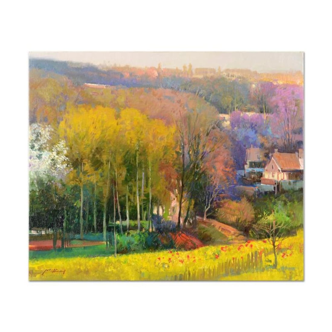 Ming Feng, "Golden Valley" Original Oil Painting on Canvas, Hand Signed with Letter of Authenticity.: Golden Valley is an original oil painting on stretched canvas by Ming Feng, hand signed by the artist. Includes Letter of Authenticity. Measures approx. 24" x 20" (image).