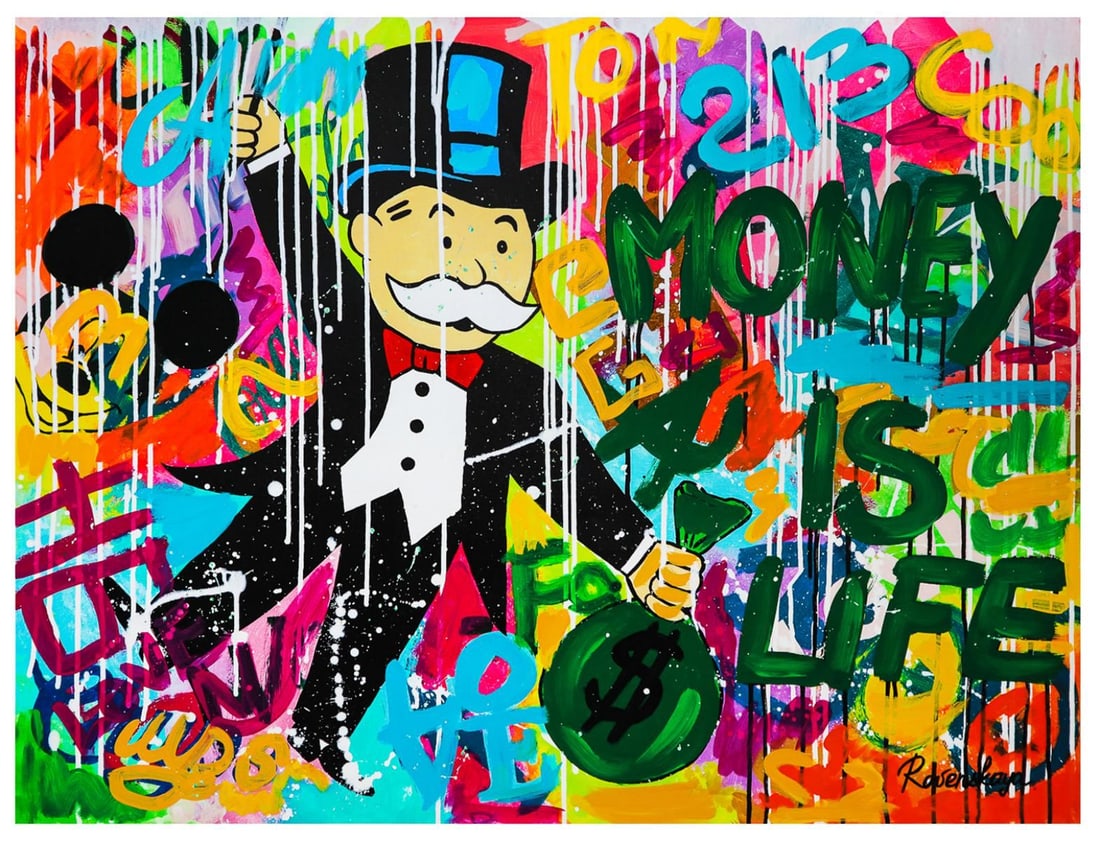 Nastya Rovenskaya- Mixed Media "Monopoly Money": Artist: Nastya Rovenskaya. Medium: Mixed Media. Title: Monopoly Money. Size: 30" x 40". Signature: Hand Signed by the artist. Certificate of Authenticity: From the publisher. Reference#: 19098.